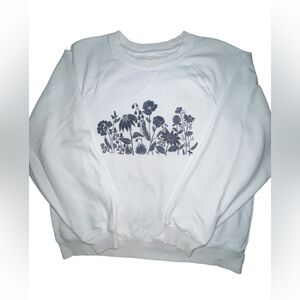 American Eagle Outfitters White Crew Neck Sweater with Blue Floral Design